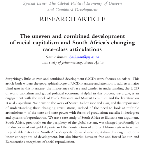 The uneven and combined development of racial capitalism and South Africa’s changing race-class&nbsp;articulations